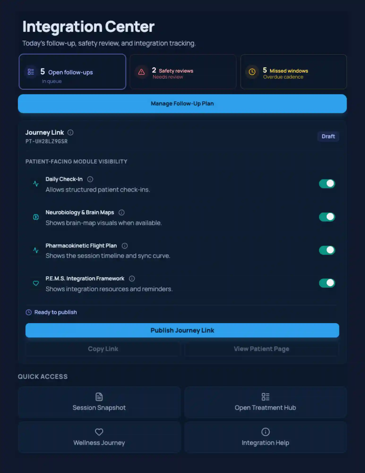 Phase 3: the Integration Center, showing open follow-ups and patient module settings. Clinical Night Mode, demo data.
