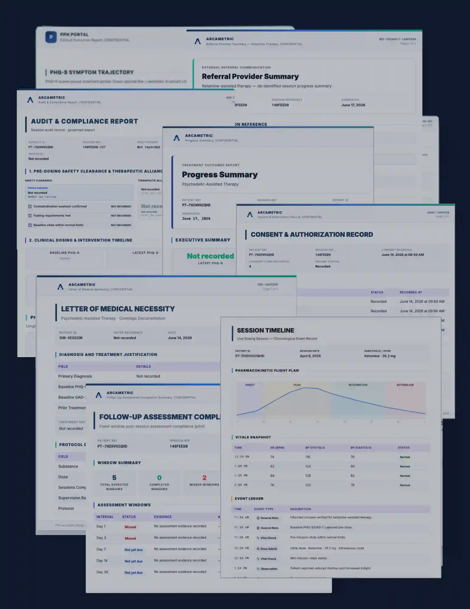 Clinical report exports in Arcametric: audit and compliance, insurance summary, referral provider summary, and follow-up completion, each generated in one click. Clinical Night Mode, demo data.